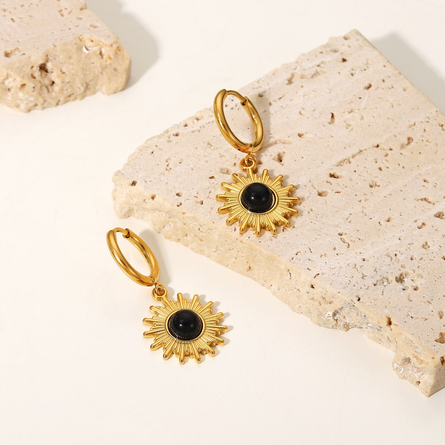 14K Gold Black Onyx Sun Drop Hoop Earrings