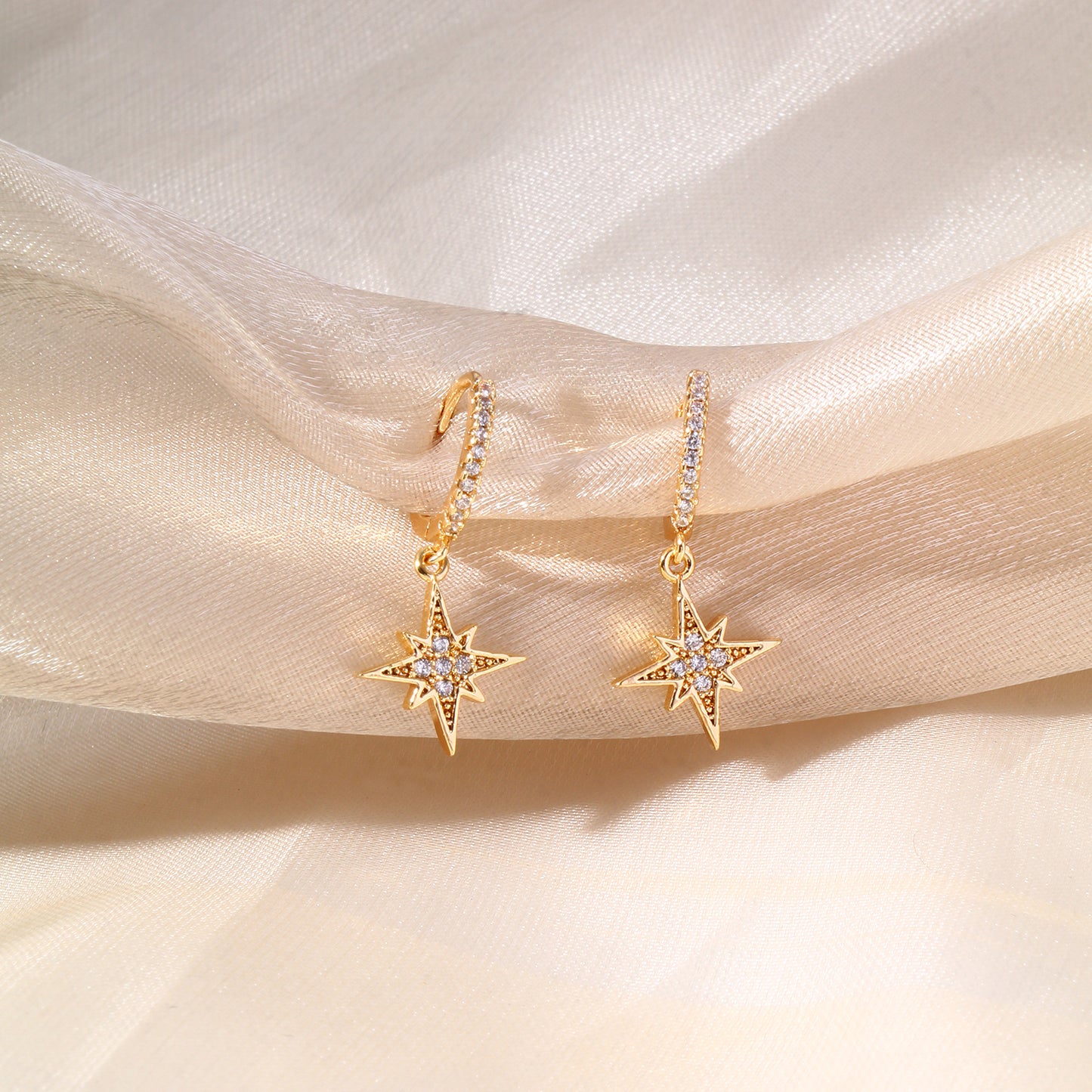Pave CZ Starburst Drop Huggie Earrings