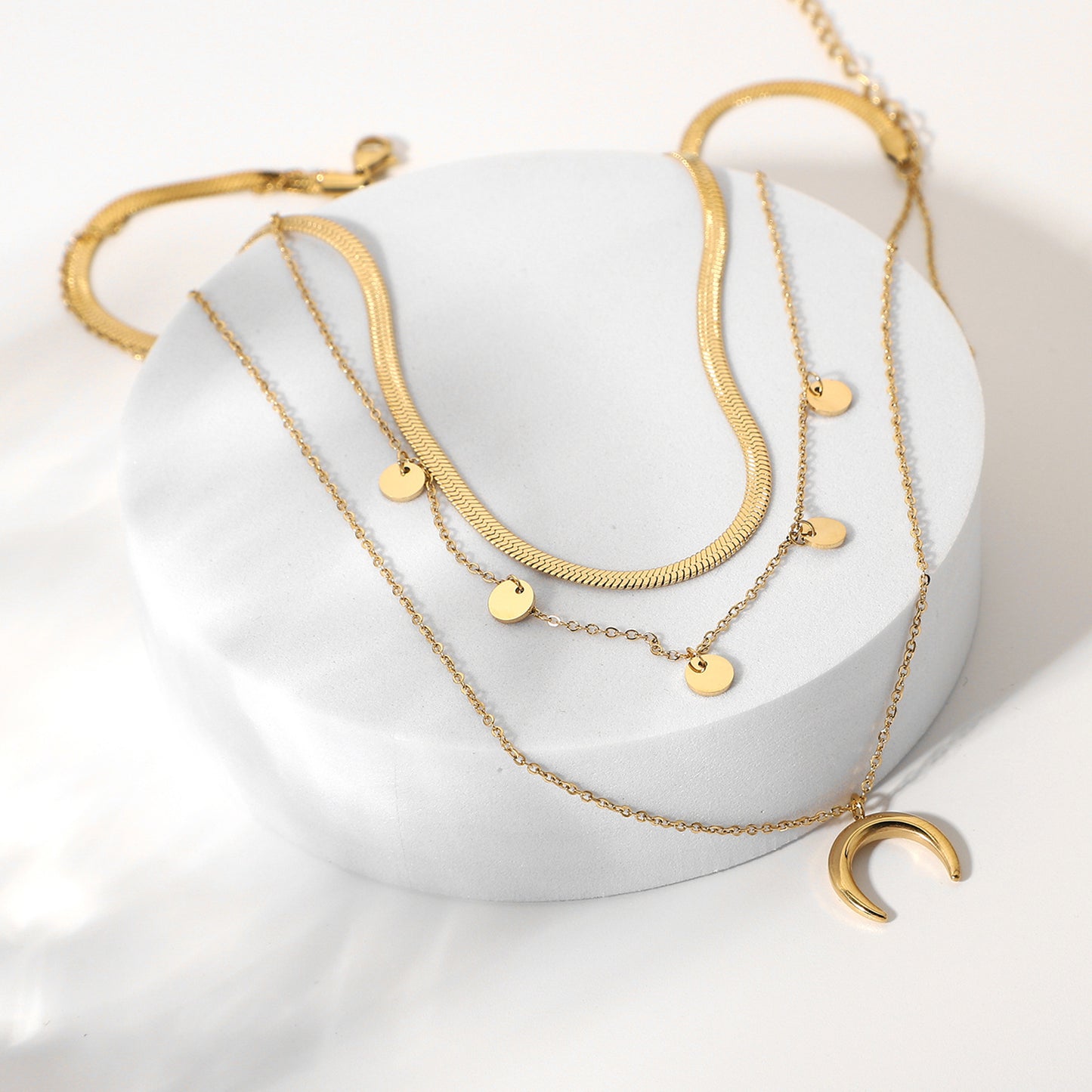 Triple Strand Disc Moon Necklace