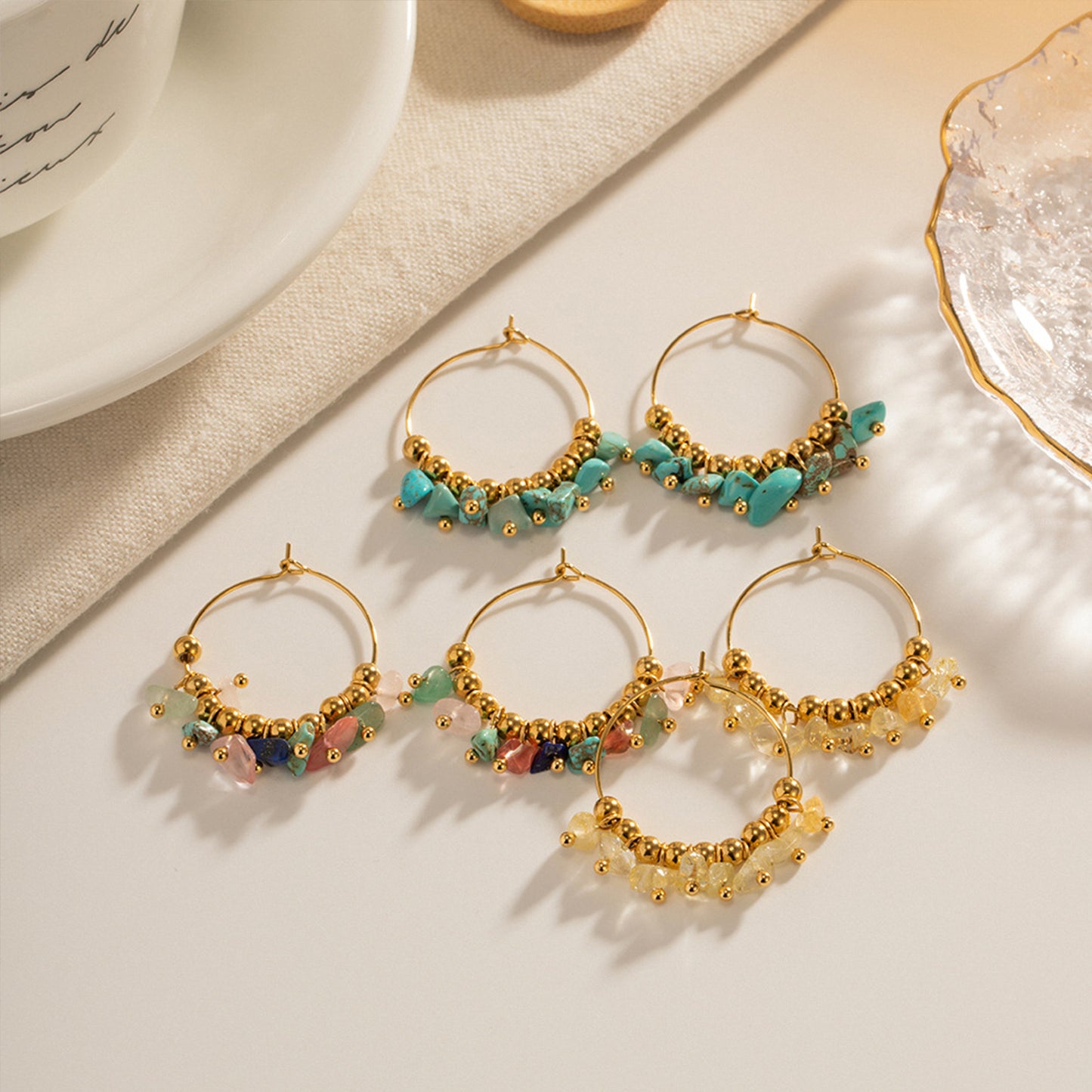 Natural Stone Chip Hoop Earrings