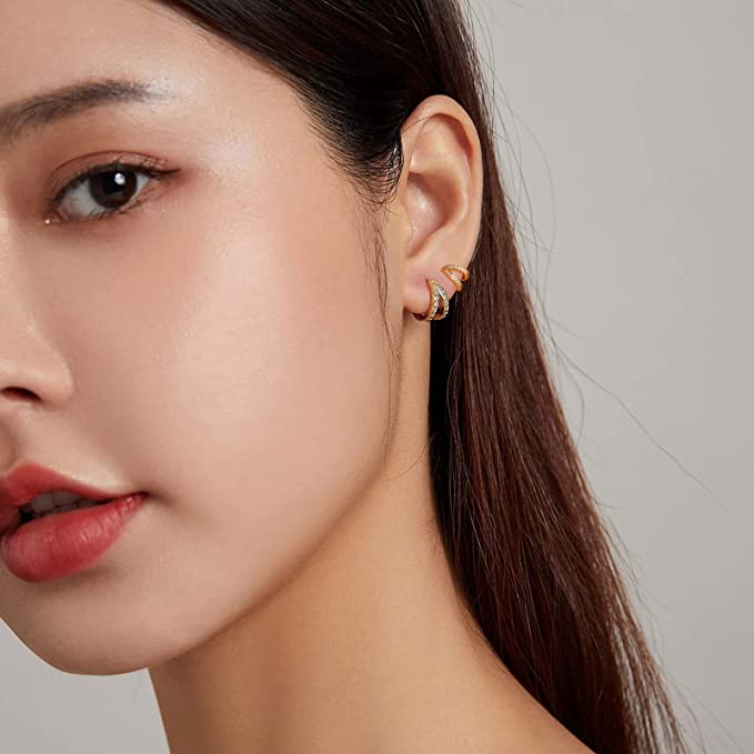 18K Gold Plated CZ Double Split Hoop Earrings
