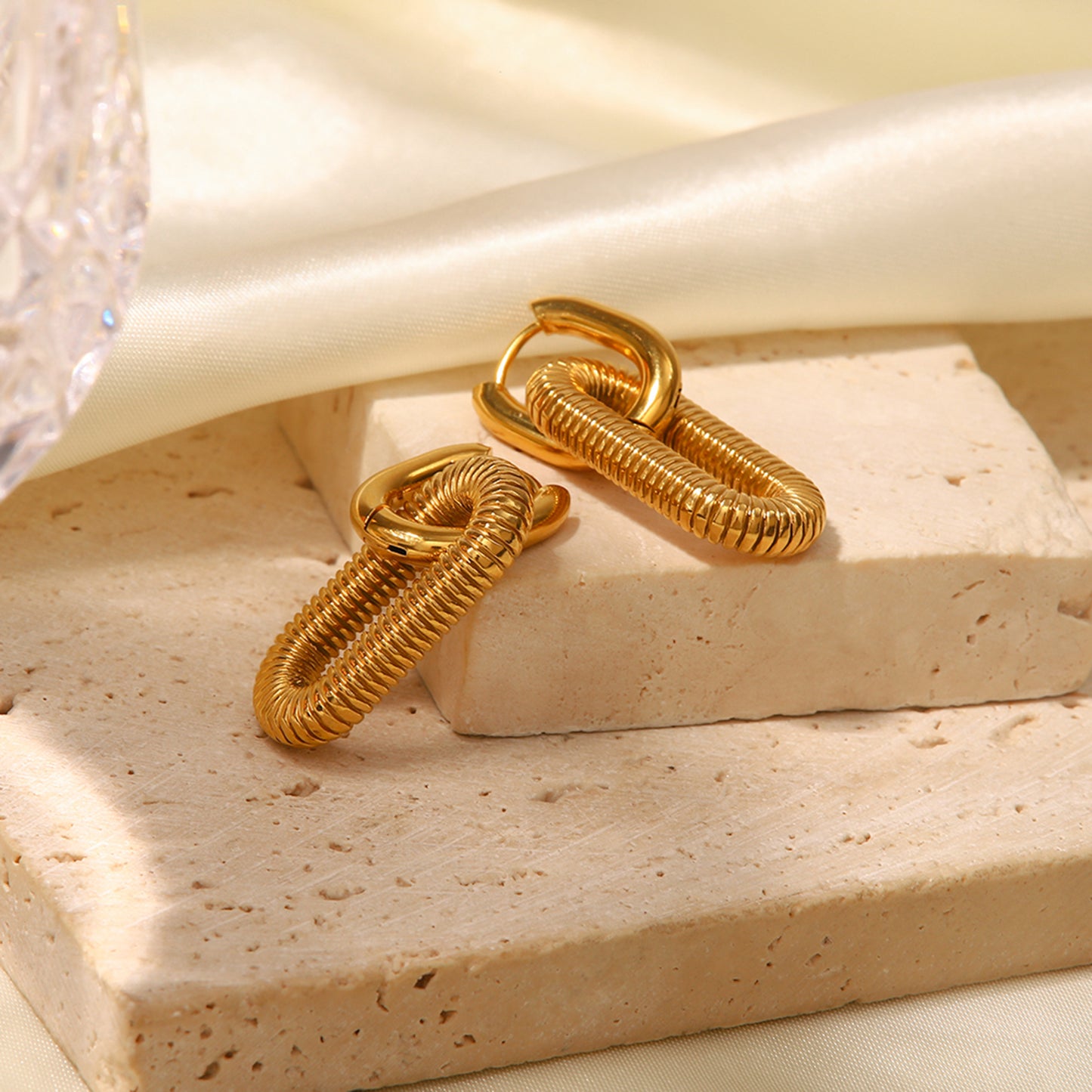 Chunky Gold Double Oval Drop Huggie Hoop Earrings