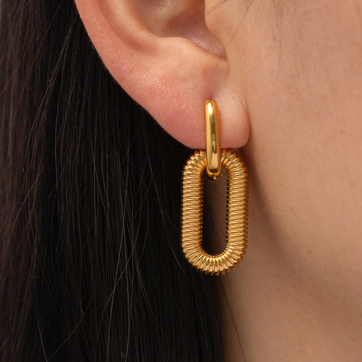 Chunky Gold Double Oval Drop Huggie Hoop Earrings