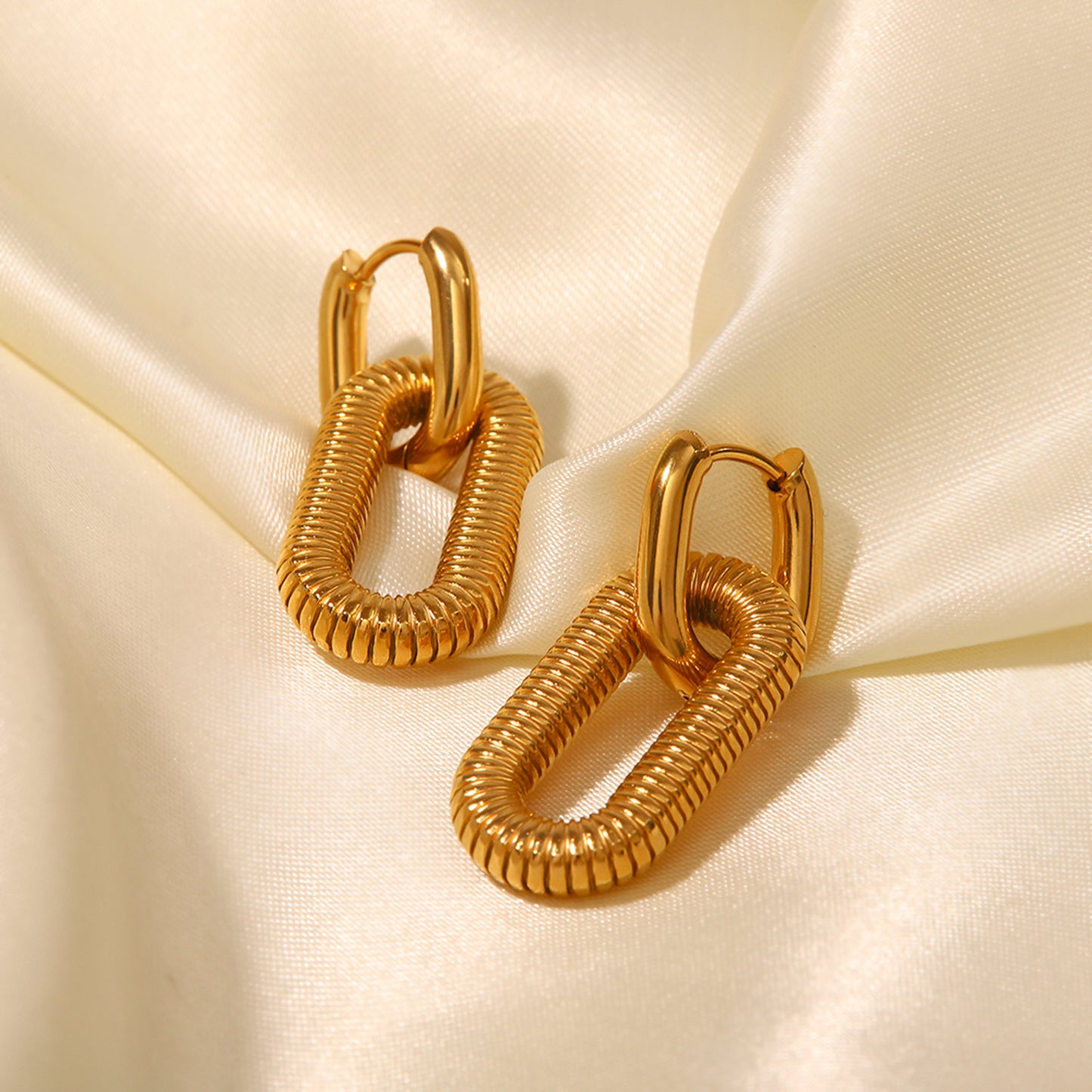 Chunky Gold Double Oval Drop Huggie Hoop Earrings