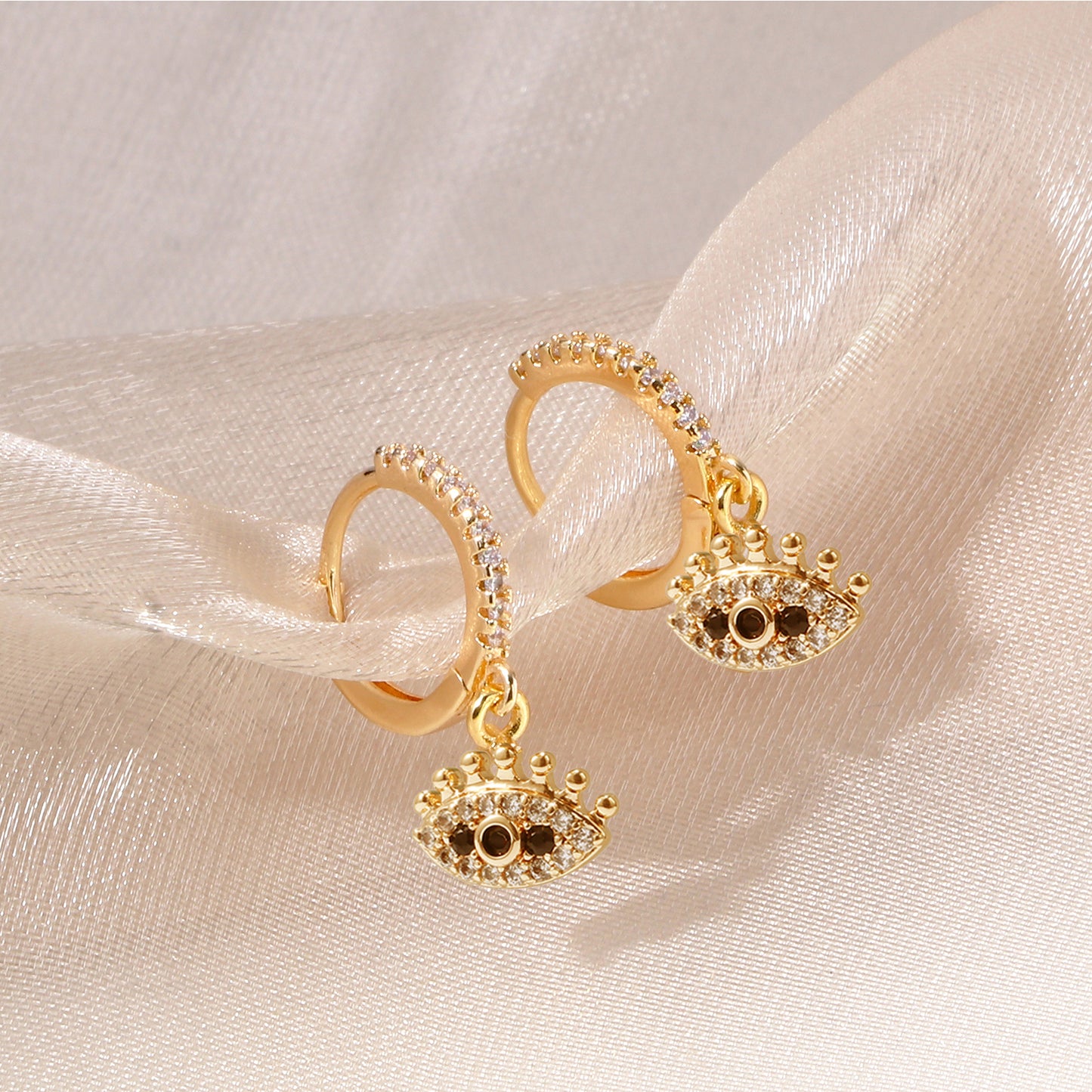 Pave Rhinestone Black Eye Drop Huggie Earrings