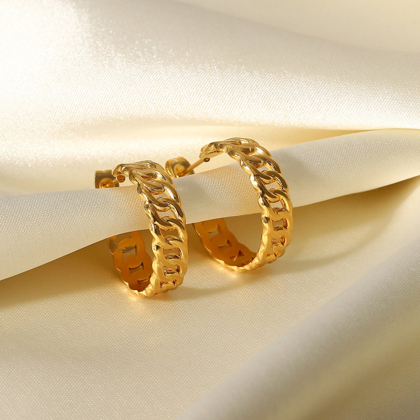 Gold Curb Chain Hoop Earrings for Women
