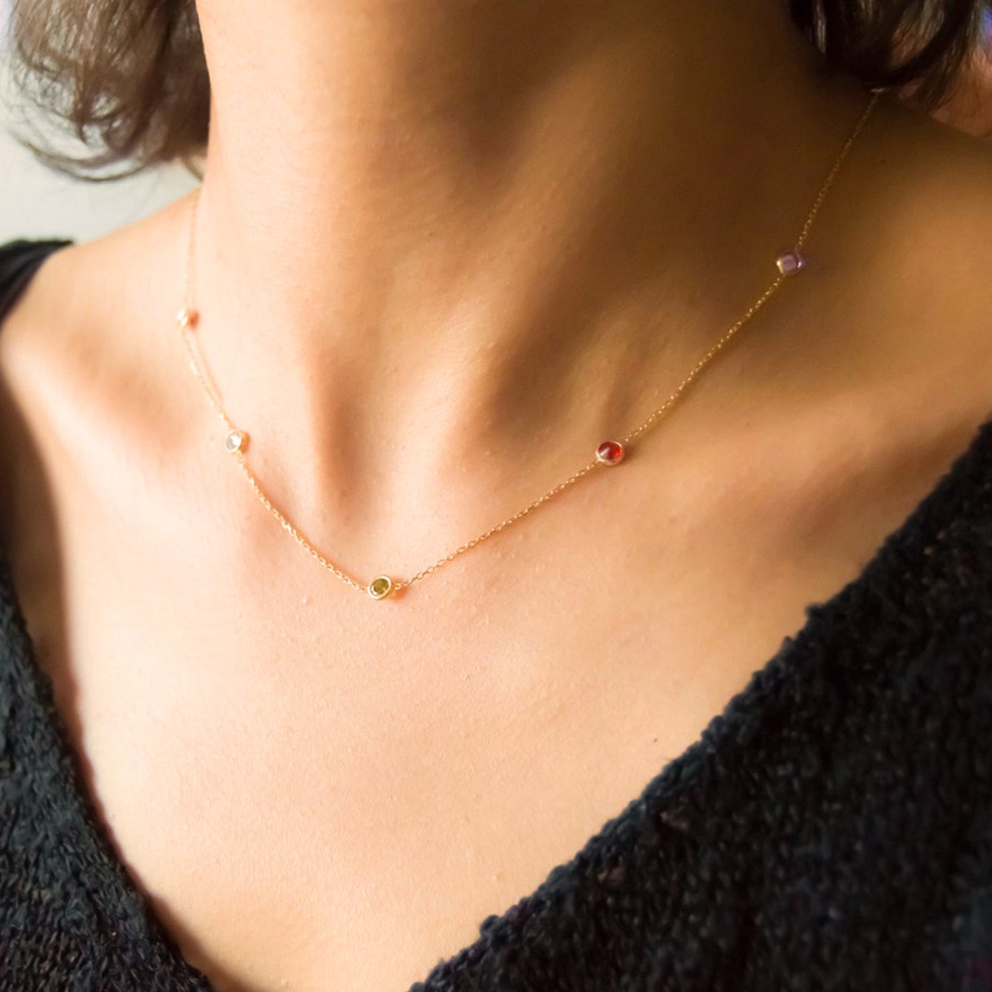 14K Gold Plated Colorful Bezel Set CZ Station Necklace for Women