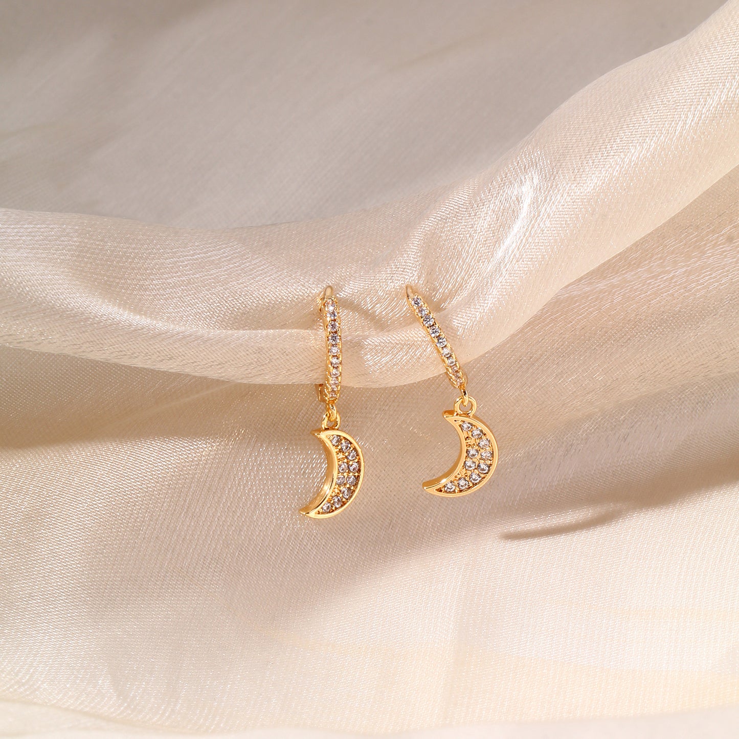 Pave CZ Moon Drop Huggie Earrings