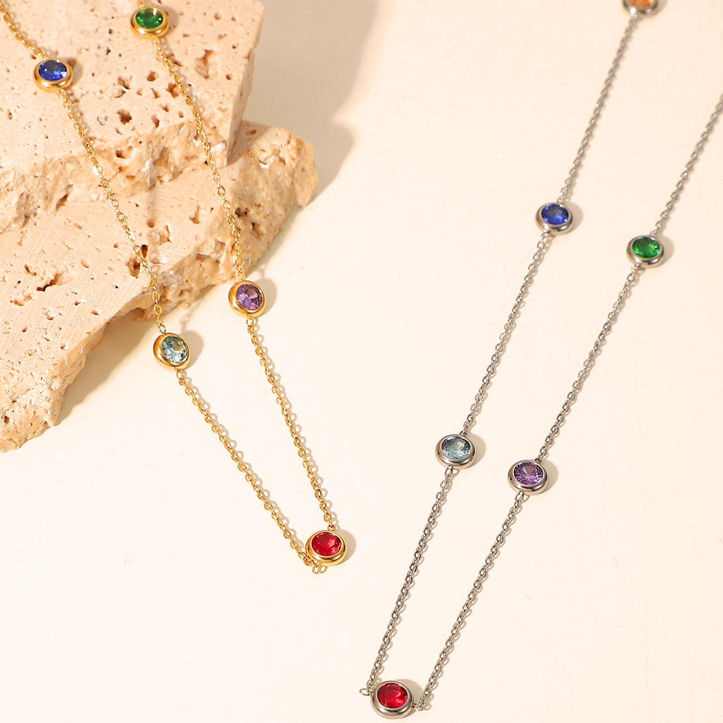 14K Gold Plated Colorful Bezel Set CZ Station Necklace for Women
