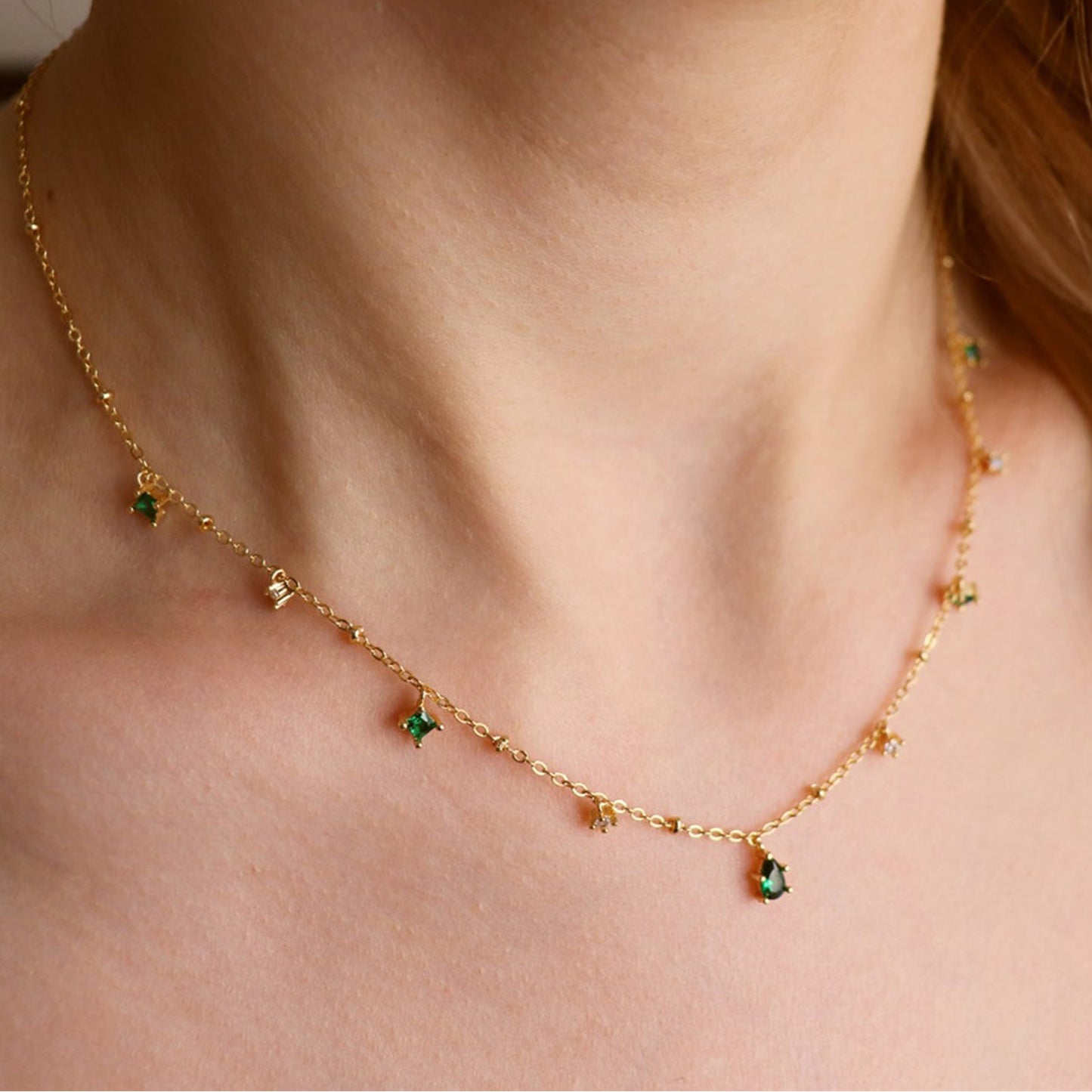 Emerald and Gold CZ Station Necklace for Women