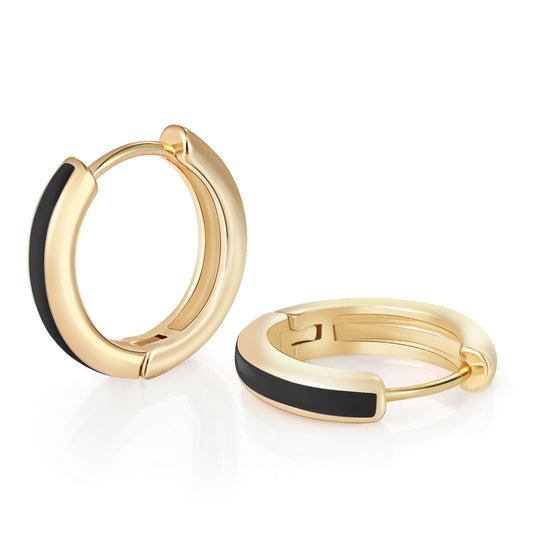Black Enamel Small Gold Hoop Earrings for Women Men