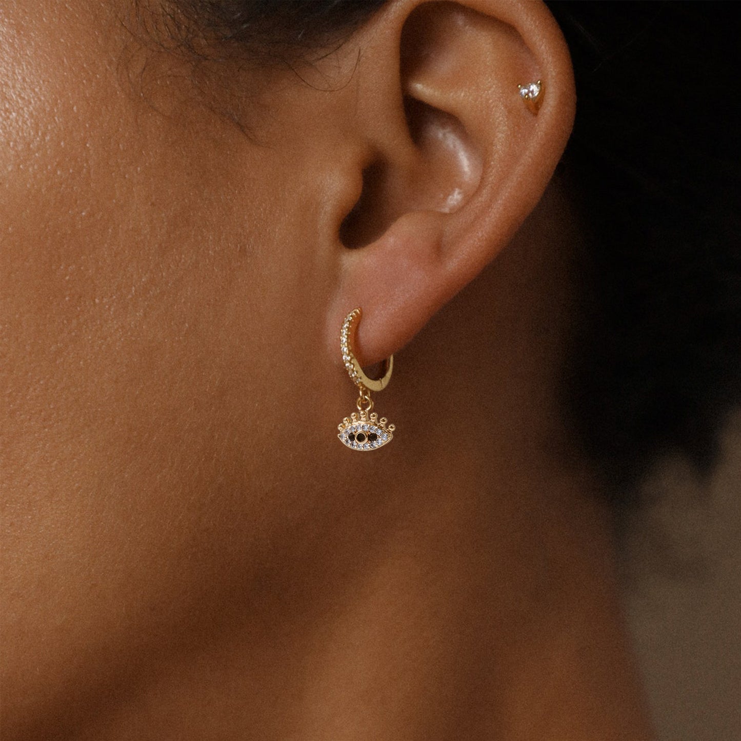 Pave Rhinestone Black Eye Drop Huggie Earrings
