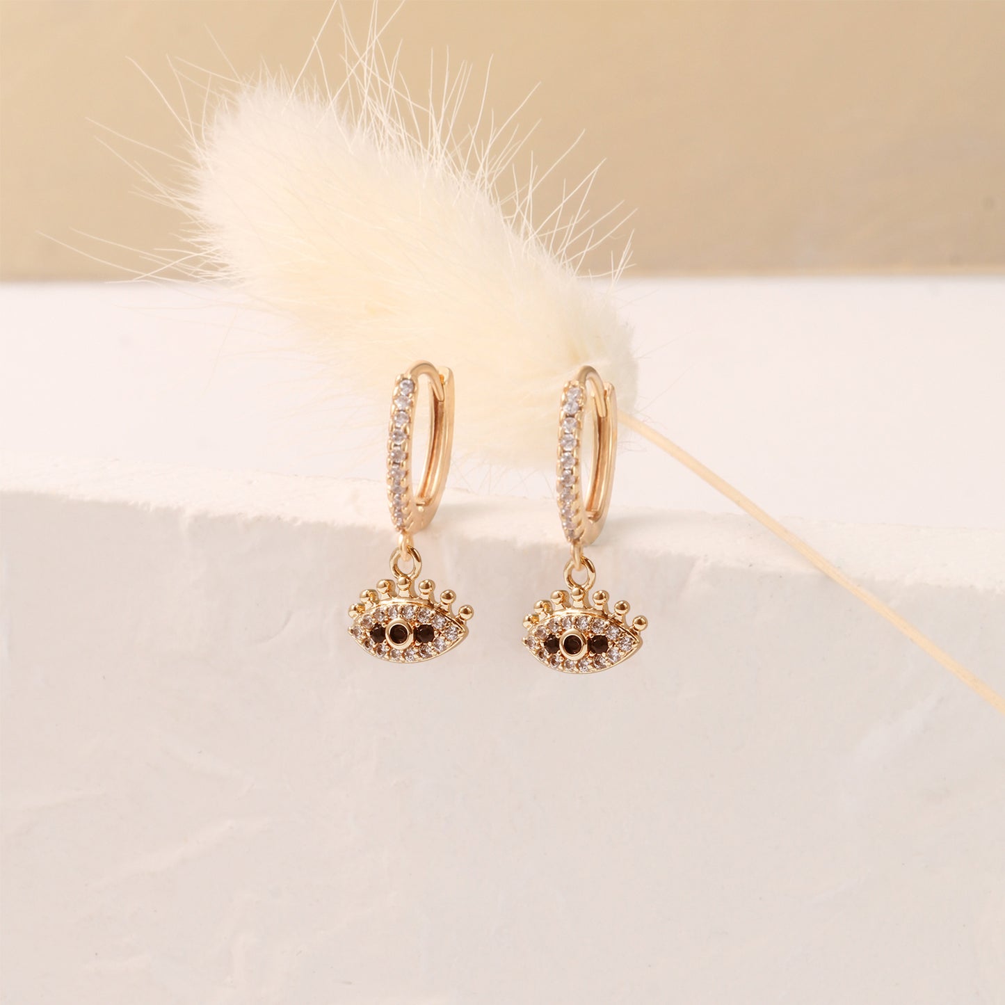 Pave Rhinestone Black Eye Drop Huggie Earrings