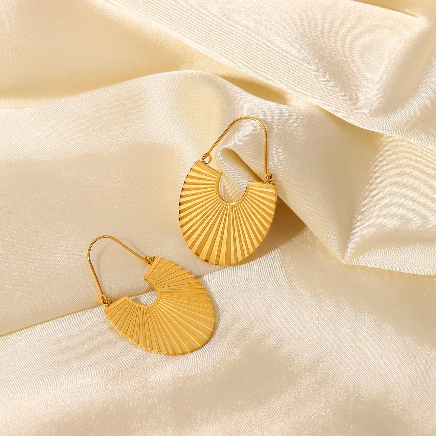 Gold Fan Shaped Drop Hoop Earrings