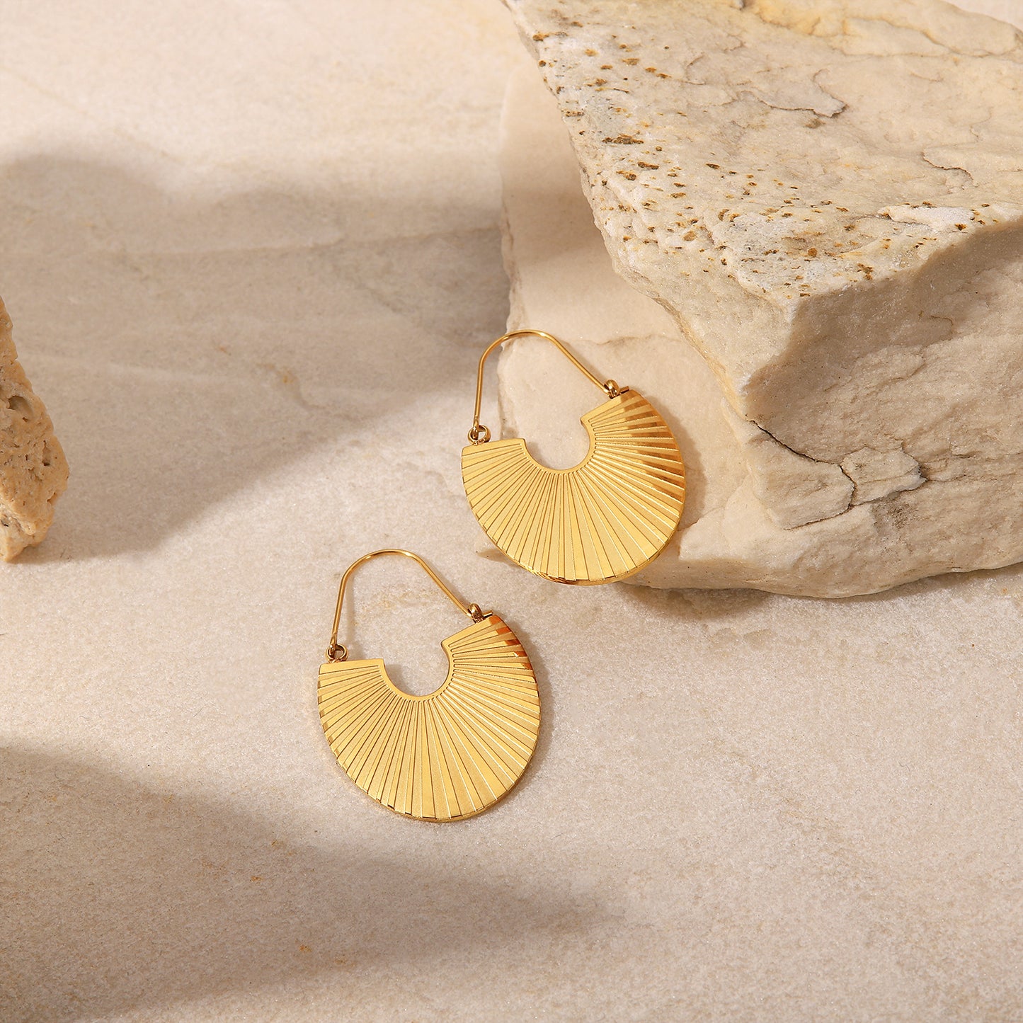 Gold Fan Shaped Drop Hoop Earrings