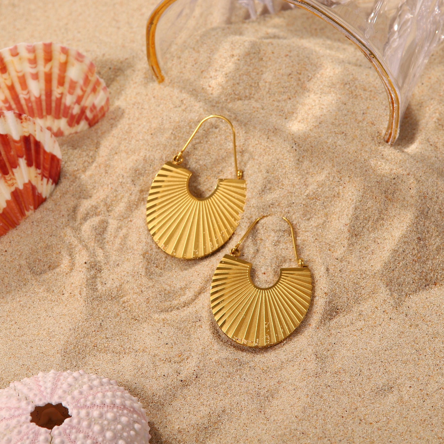 Gold Fan Shaped Drop Hoop Earrings