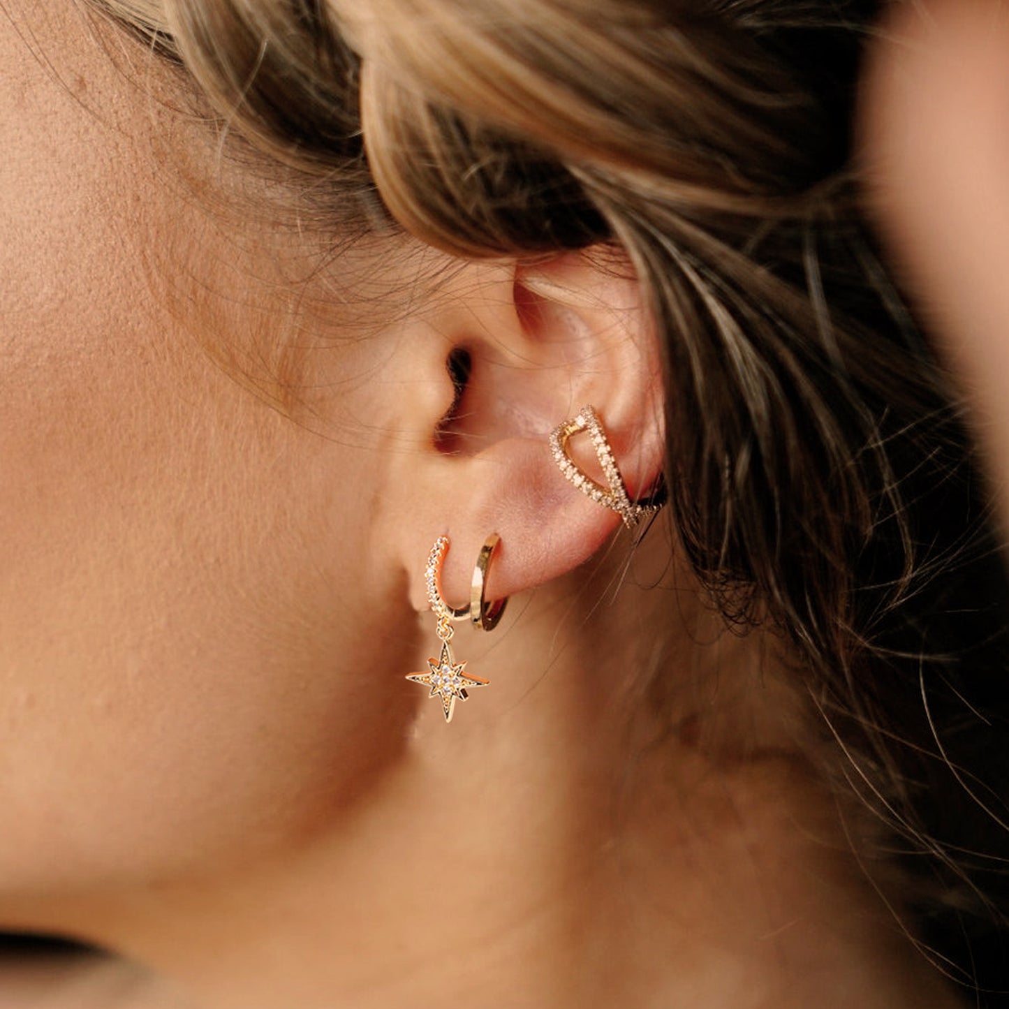 Pave CZ Starburst Drop Huggie Earrings