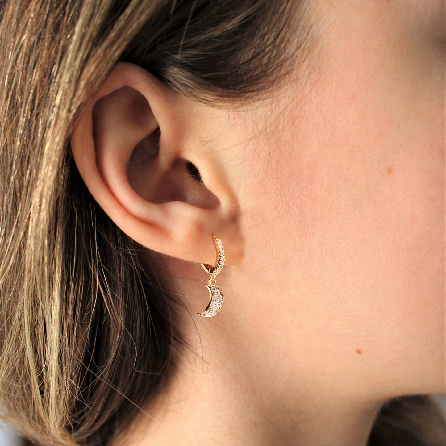 Pave CZ Moon Drop Huggie Earrings
