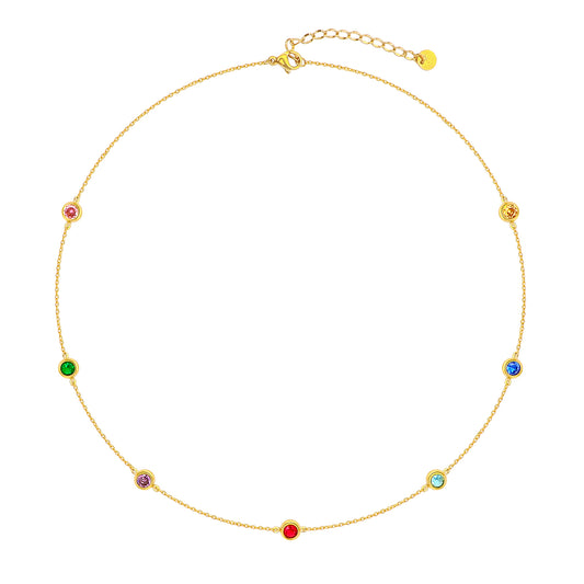 14K Gold Plated Colorful Bezel Set CZ Station Necklace for Women