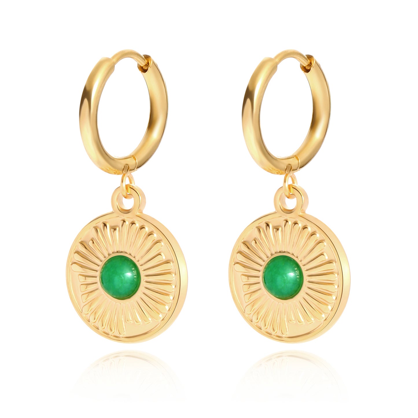 Green Onyx Flower Disc Drop Hoop Earrings