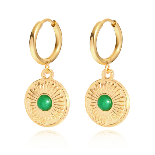 Green Onyx Flower Disc Drop Hoop Earrings