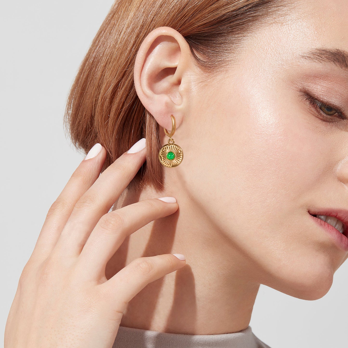 Green Onyx Flower Disc Drop Hoop Earrings