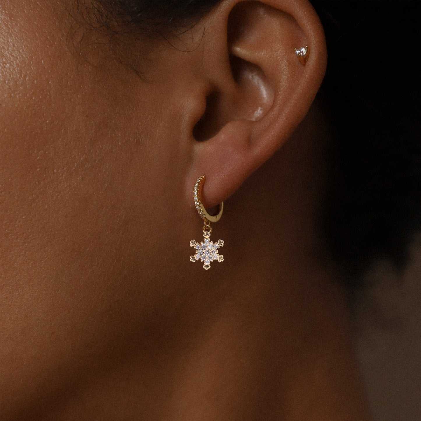 Pave Snowflake Drop Huggie Earrings