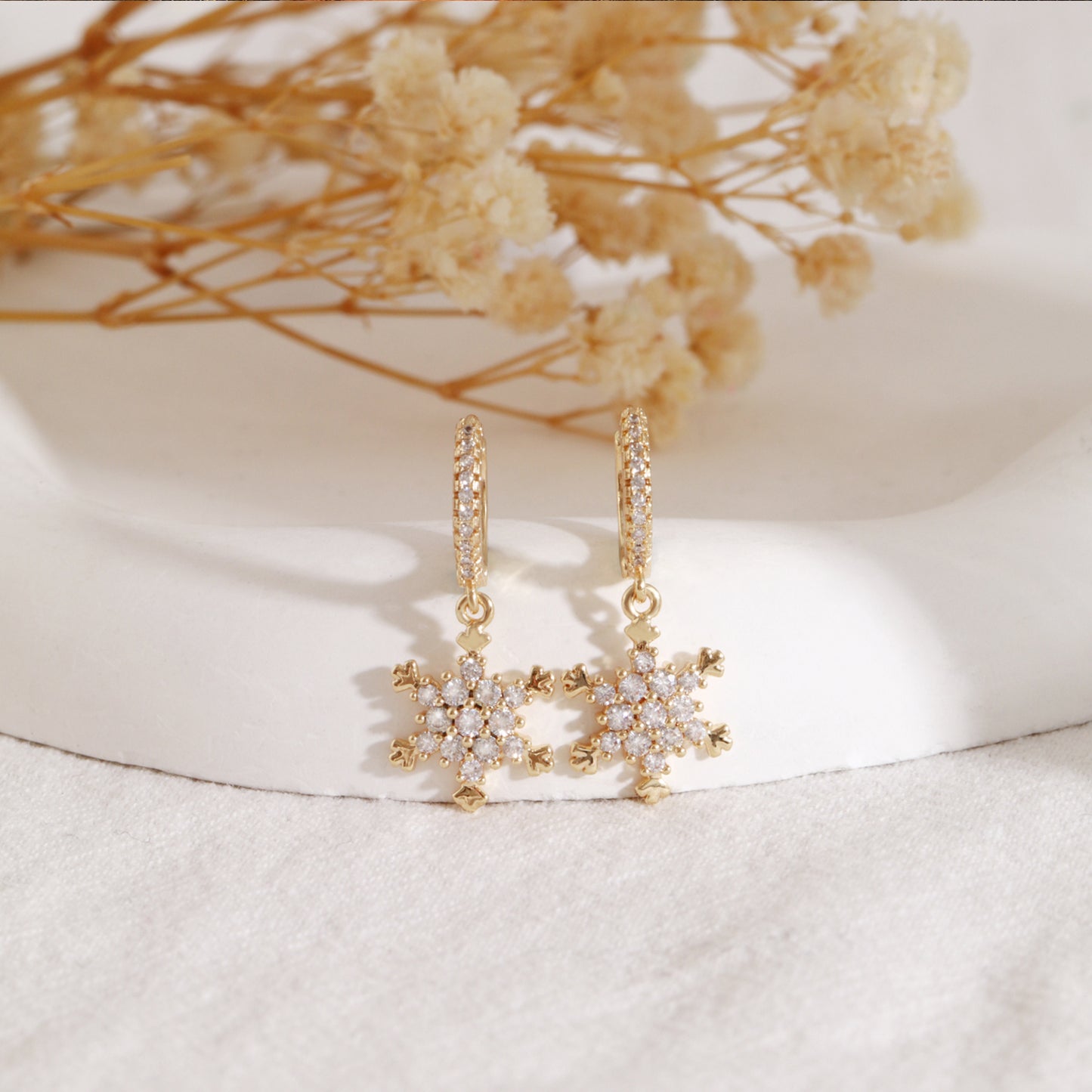 Pave Snowflake Drop Huggie Earrings