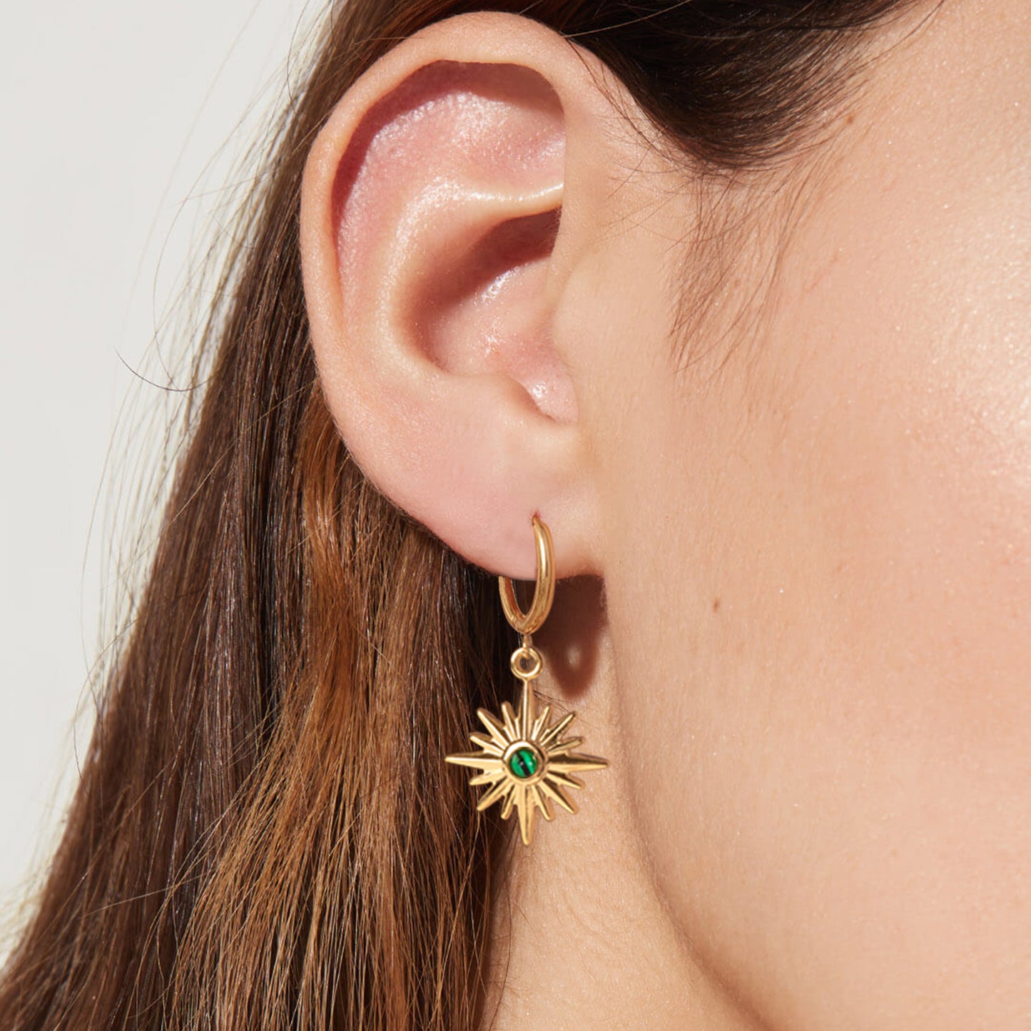 Orange / Green Onyx Star Drop Hoop Earrings