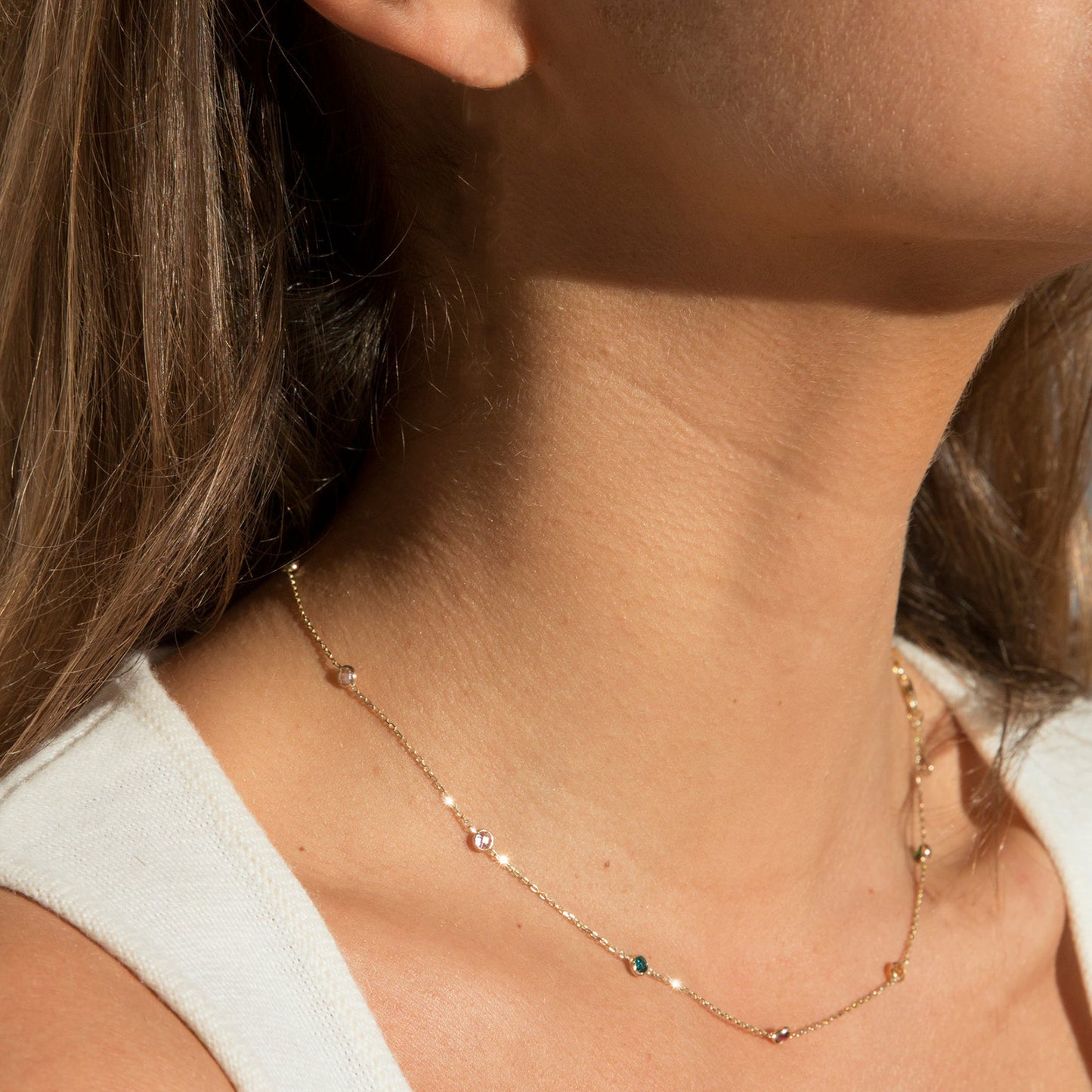 14K Gold Plated Colorful Bezel Set CZ Station Necklace for Women