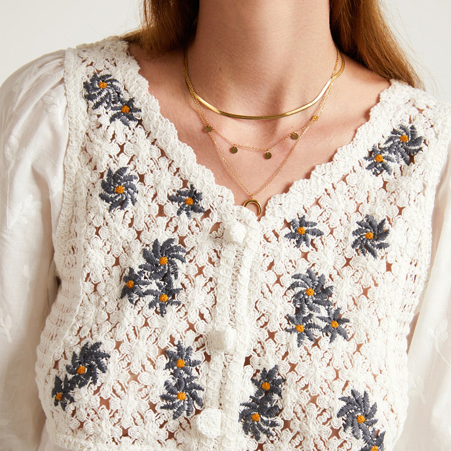 Triple Strand Disc Moon Necklace