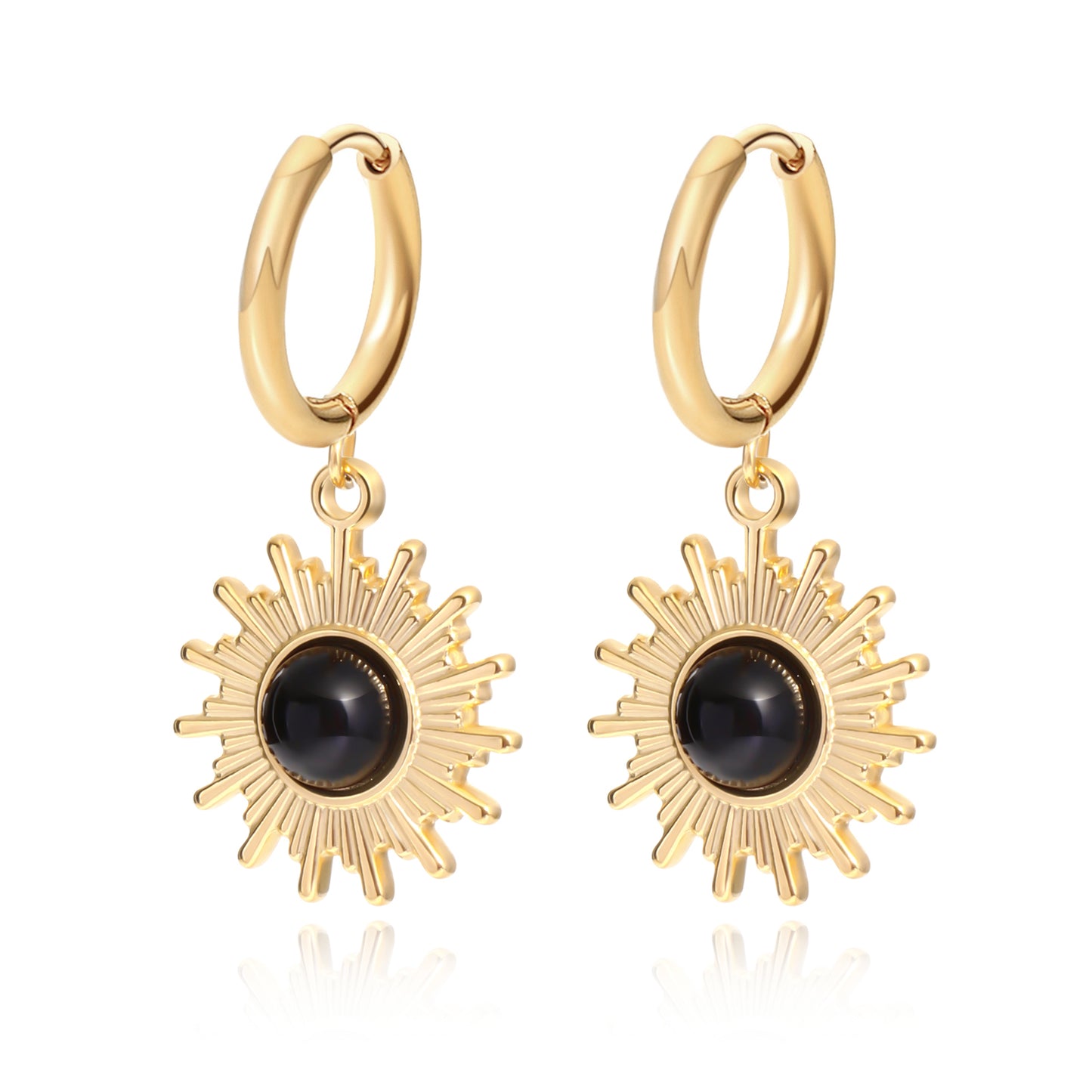 14K Gold Black Onyx Sun Drop Hoop Earrings