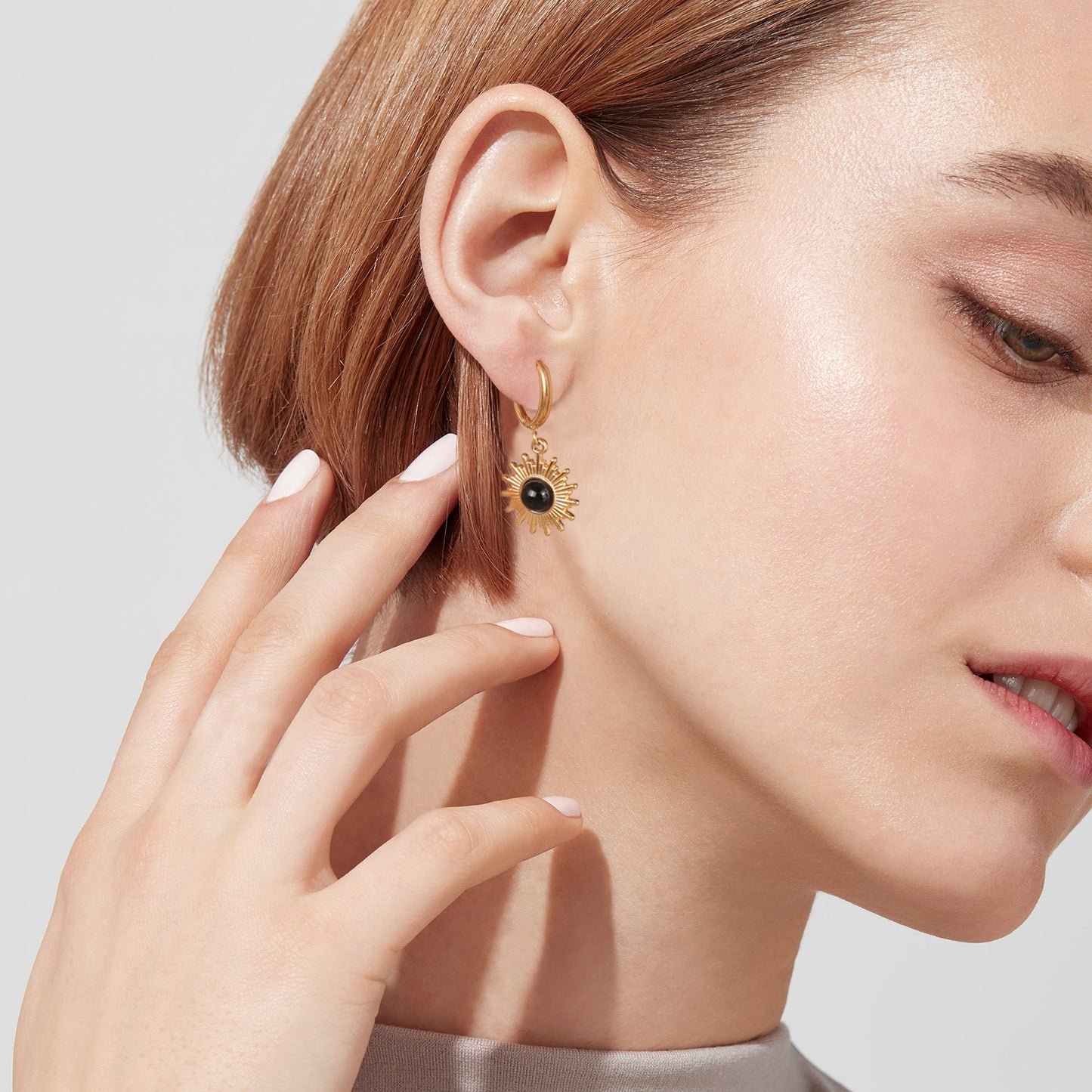 14K Gold Black Onyx Sun Drop Hoop Earrings