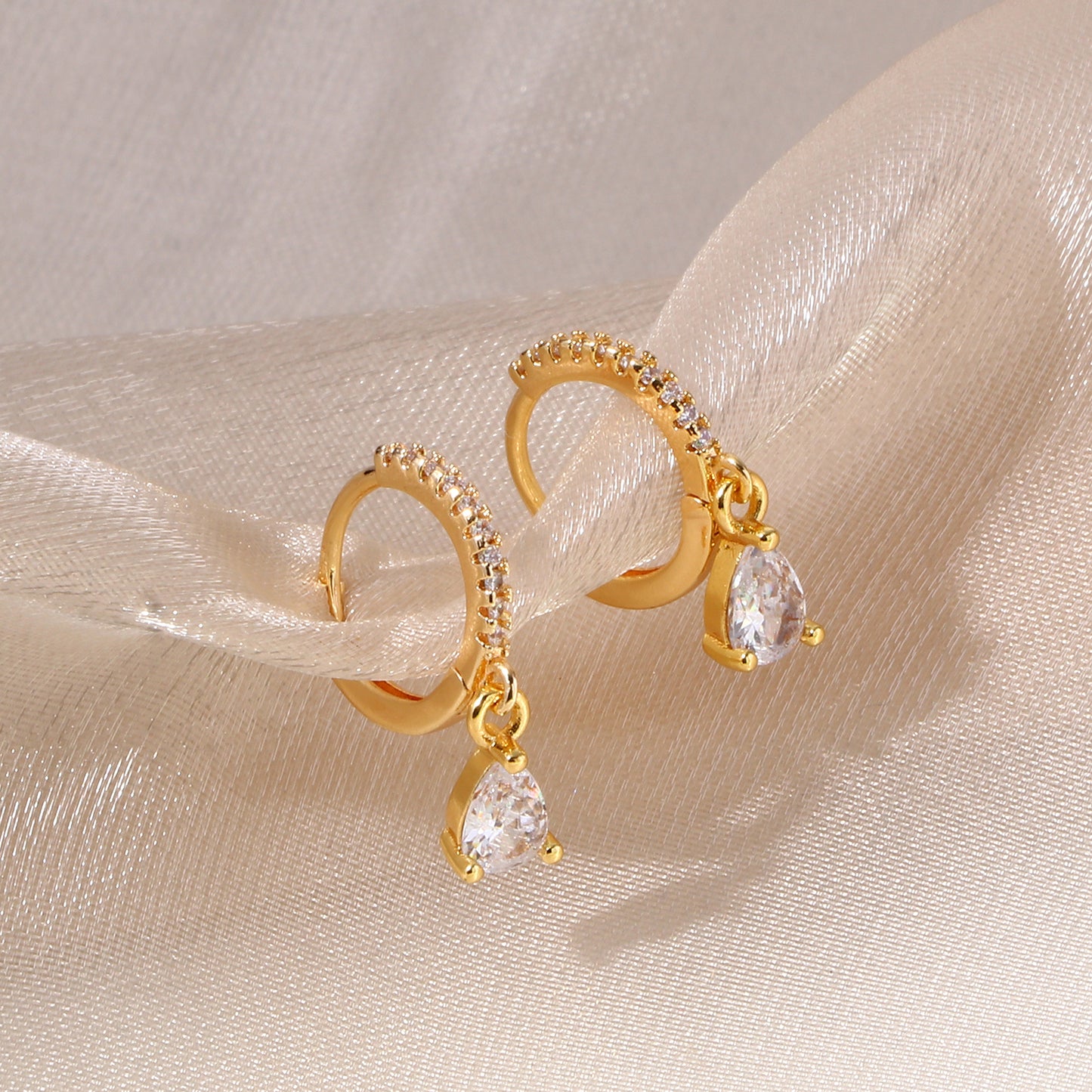 Pave Rhinestone Teardrop Drop Huggie Earrings