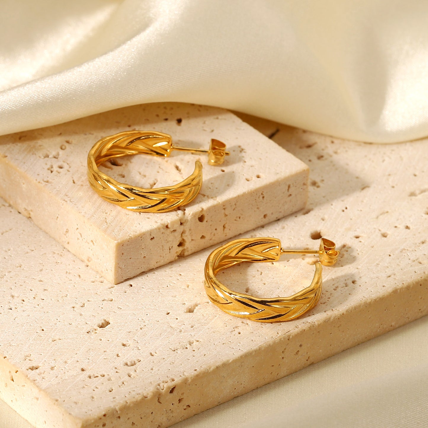 18K Gold Textured Hoop Earrings